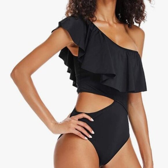 BLACk ONE SHOULDER RUFFLE CUT OUT ONE PIECE SWIMSUIT - Picture 1 of 9